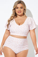 Floral Print V-neck Flutter Sleeve Bikini Top