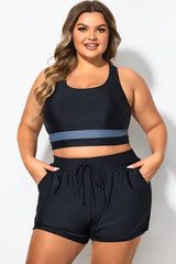 Plus Size Round Neck Black Patchwork Bikini Top
