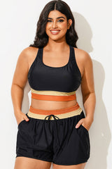 Plus Size Round Neck Orange Patchwork Bikini Top