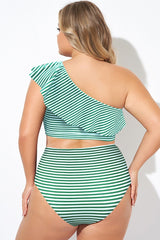 Plus Size Green Stripe Ruffle One Shoulder Bikini Top