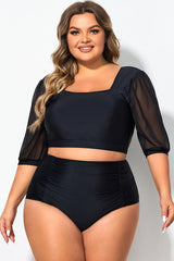 Square Neck Short Mesh Puff Sleeve Bikini Top