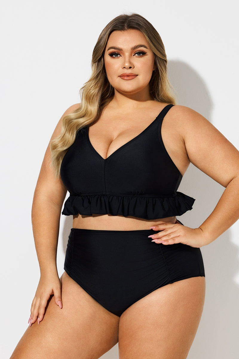 Plus Size Black V-Neck Ruffle Trim Bikini Top
