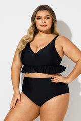 Plus Size Black V-Neck Ruffle Trim Bikini Top