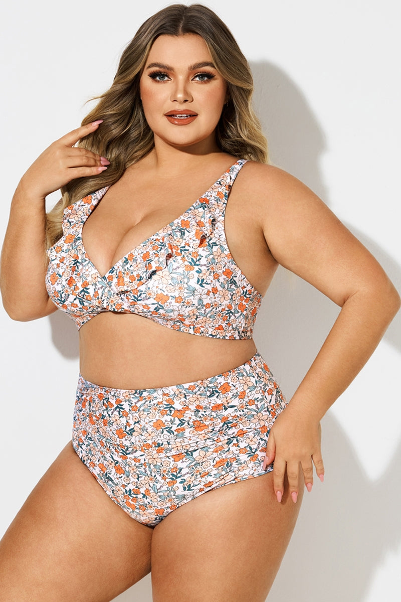 Plus Size Floral Print V-Neck Bikini Top