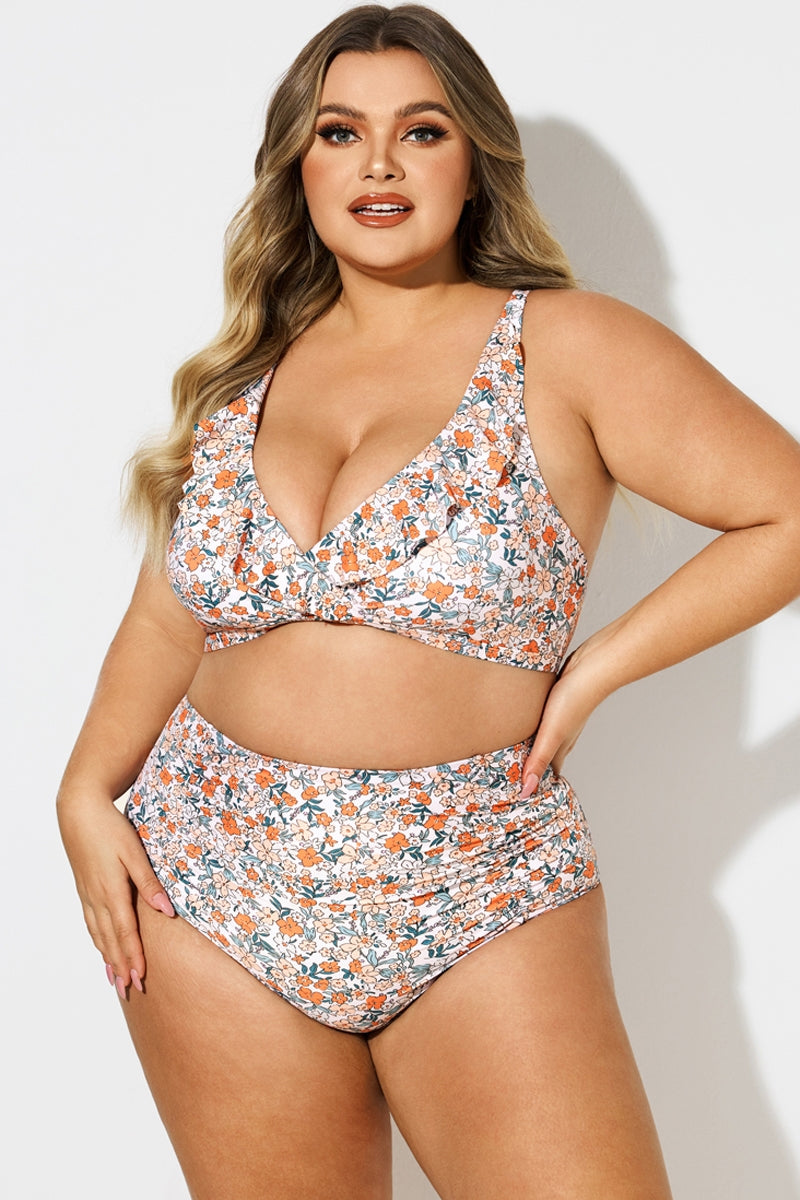 Plus Size Floral Print V-Neck Bikini Top