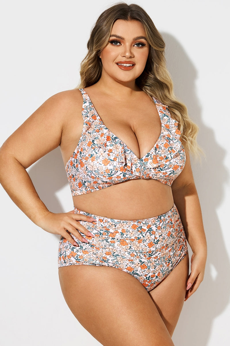 Plus Size Floral Print V-Neck Bikini Top