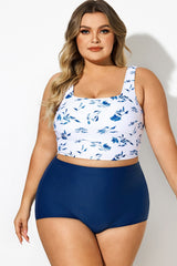 Blue & White Square Neck Floral Print Bikini Top