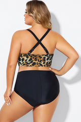 Plus Size V-Neck Leopard Print Crossback Bikini Top