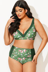 Army Green Flower Printed Women V-neck Fashionable Bikini Top
