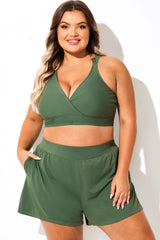 Plus Size Green V-Neck Crossback Bikini Top