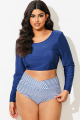 Navy Long Sleeves Round Neck Bikini Top