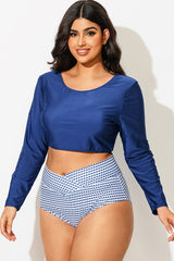 Navy Long Sleeves Round Neck Bikini Top
