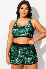 Green Leaf Print Round Neck Bikini Top