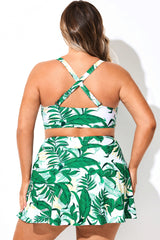 Green Leaf Print V-Neck Crossback Bikini Top