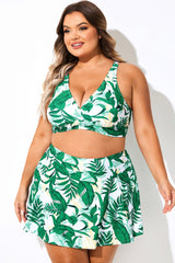 Green Leaf Print V-Neck Crossback Bikini Top