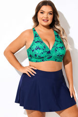 Green Print V-Neck Crossback Bikini Top
