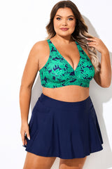 Green Print V-Neck Crossback Bikini Top