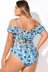 Blue Floral Print Off Shoulder Bikini Top