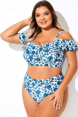 Blue Floral Print Off Shoulder Bikini Top