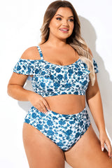 Blue Floral Print Off Shoulder Bikini Top