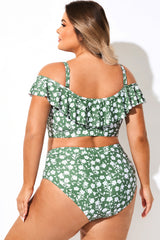 Off Shoulder Green Ditsy Floral Ruffle Bikini Top