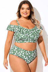 Off Shoulder Green Ditsy Floral Ruffle Bikini Top