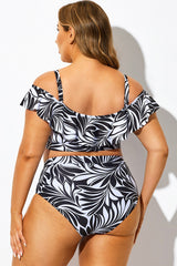 Off Shoulder Black & White Floral Ruffle Bikini Top