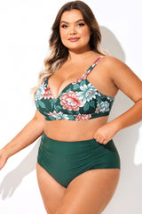 Green Floral Print Full Coverage Bikini Top