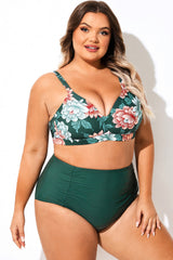 Green Floral Print Full Coverage Bikini Top