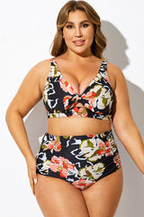 Black Floral Print Knot Ruched Bikini Top