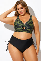 Green Camo Print Knot Ruched Bikini Top