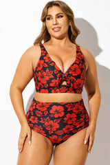 Red Floral Printed Front Tie Bikini Top