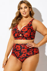 Red Floral Printed Front Tie Bikini Top