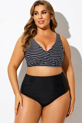 Plus Size Striped V-Neck Tie Back Bikini Top