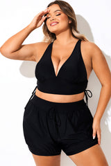 Solid Black Drawstring Ruched Crossback Bikini Top