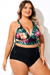 Black Floral Drawstring Ruched Crossback Bikini Top