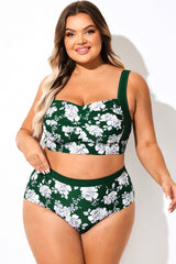 Green Floral Print Twist Front Bikini Top
