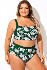 Green Floral Print Twist Front Bikini Top