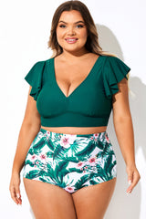 Dark Green Ruffle Trim Wireless Bikini Top