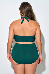 Dark Green Ruched Cut Out Halter Bikini Top