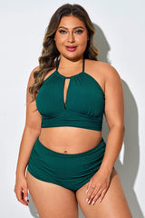 Dark Green Ruched Cut Out Halter Bikini Top