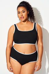 Black Square Neck Bikini Top with White Trim