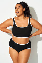 Black Square Neck Bikini Top with White Trim