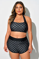 Black Check Straight Neck Halter Bikini Top