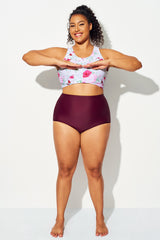 Wine Red  High Waist Women Swimwear Shorts