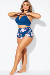 Navy Floral Pattern High Waist Bikini Bottom