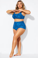 Navy Blue Floral Print High Waist Bikini Shorts