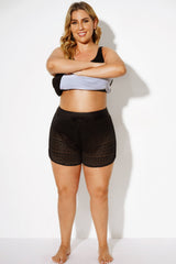 Black Hollow Out Lace Overlay Swim Short