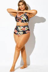 Black Floral Print High Waist Swim Brief