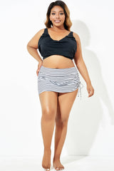Stripe Drawstring Side High Waisted Swim Skirt
